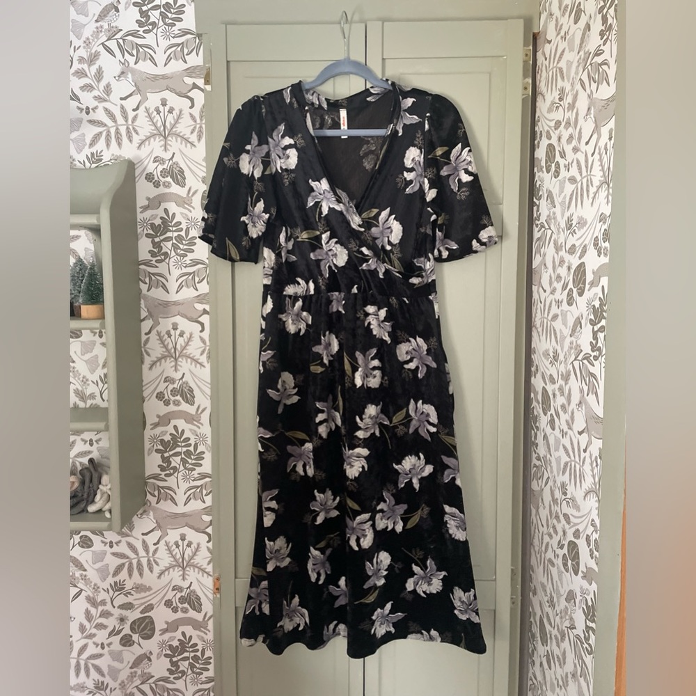 Orange creek black velvet floral midi dress